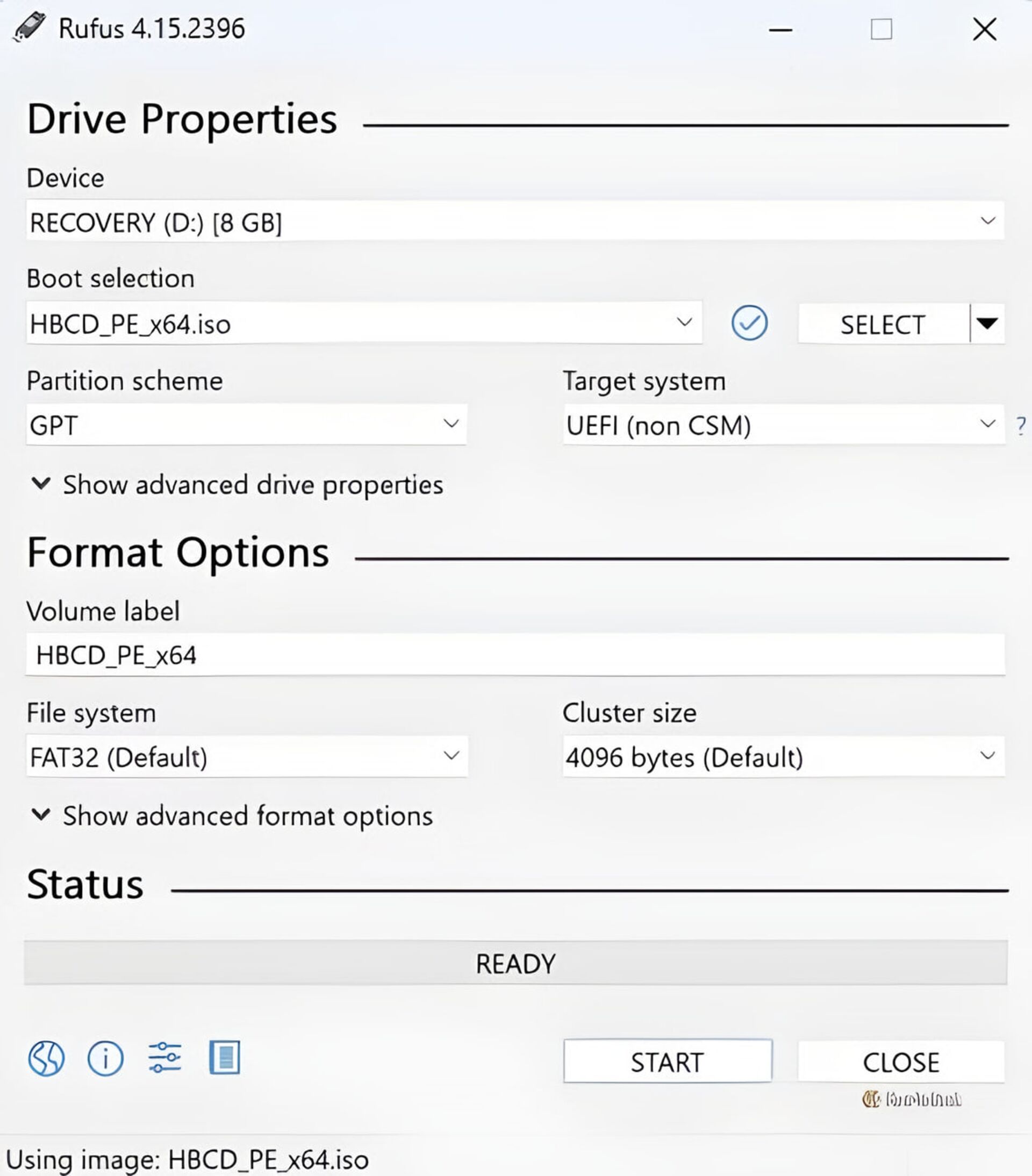 رابط کاربری نرم‌افزار Rufus برای ساخت فلش بوتیبل با فایل HBCD_PE_x64.iso